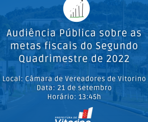 Prefeitura de Vitorino convida para Audiência Pública prestação de contas do Segundo Quadrimestre de 2022