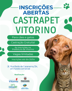 Inscrição para castração de cães e gatos estão abertas em Vitorino