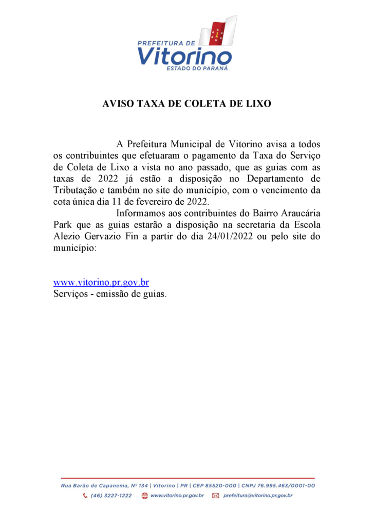 AVISO TAXA DE COLETA DE LIXO