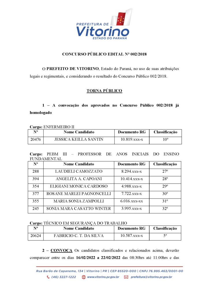 CONVOCAÇÃO CONCURSO PÚBLICO EDITAL N° 002/2018