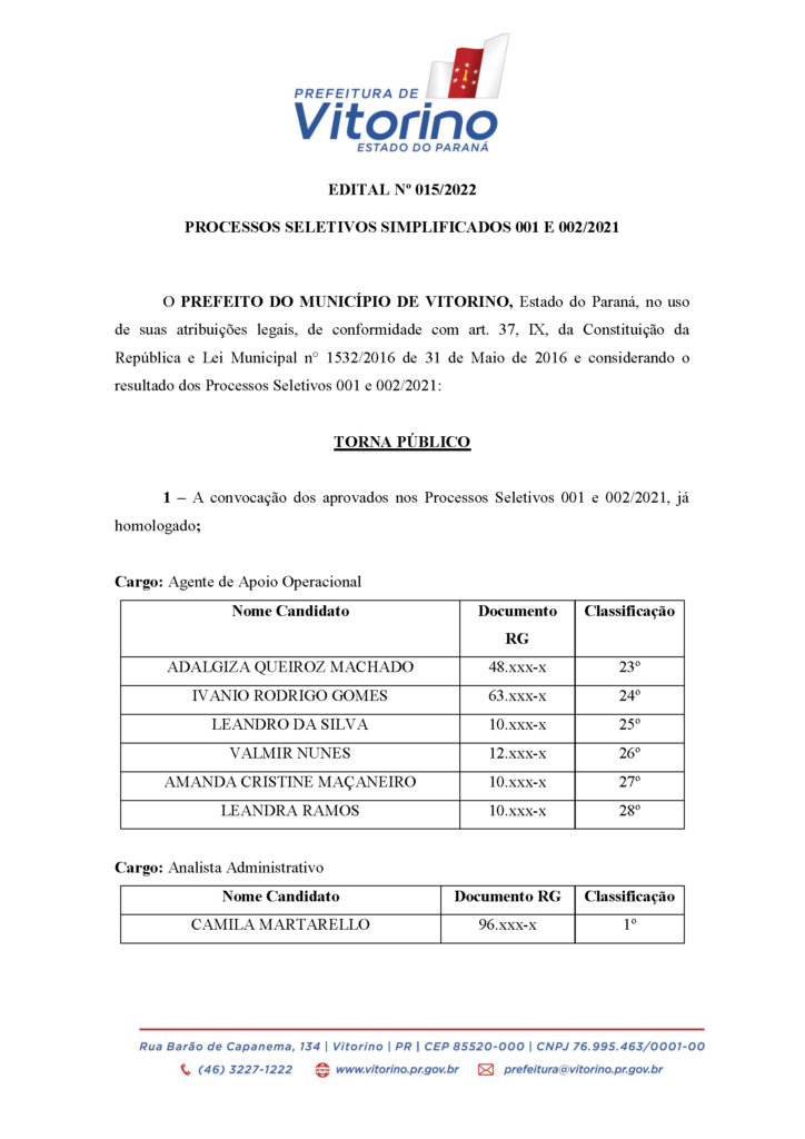 CONVOCAÇÃO PROCESSO SELETIVO SIMPLIFICADO 001 E 002/2021 - EDITAL Nº 015/2022