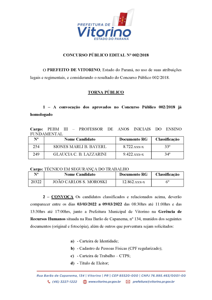 EDITAL DE CONVOCAÇÃO DO CONCURSO PÚBLICO EDITAL N° 002/2018
