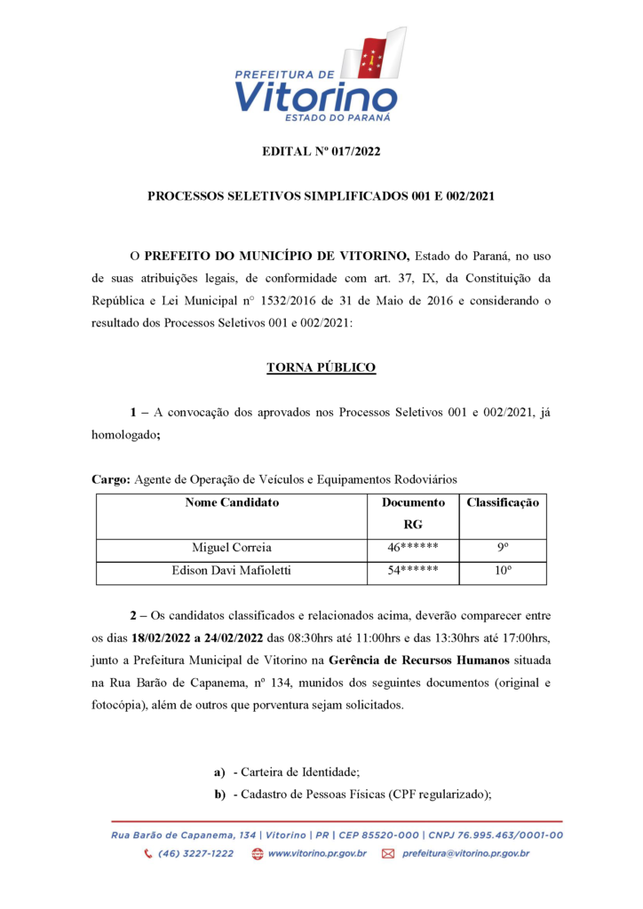 EDITAL DE CONVOCAÇÃO PROCESSOS SELETIVOS SIMPLIFICADOS 001 E 002/2021
