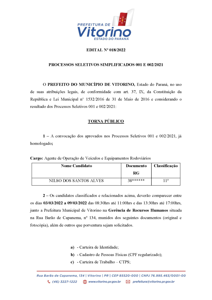 EDITAL Nº 018/2022 PROCESSOS SELETIVOS SIMPLIFICADOS 001 E 002/2021