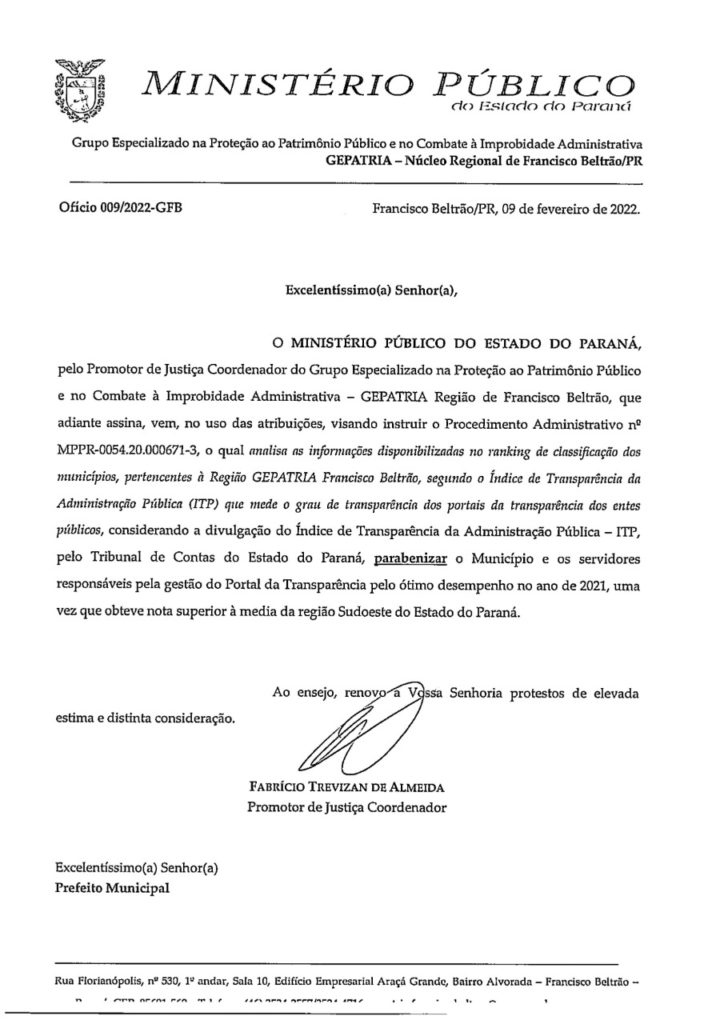 MUNICÍPIO DE VITORINO RECEBE RECONHECIMENTO PELOS INDICADORES DE TRANSPARÊNCIA