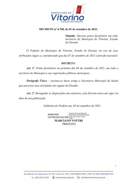 Prefeito Marciano Vottri decretou ponto facultativo na segunda-feira (6) Prefeito Marciano Vottri decretou ponto facultativo na segunda-feira (6)