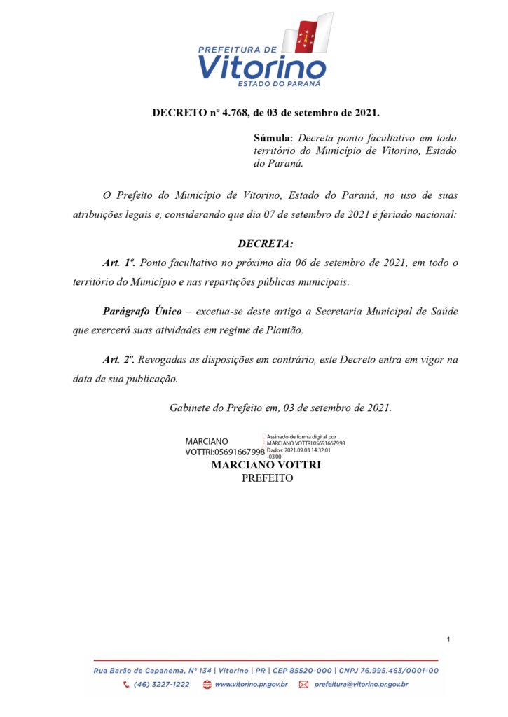 Prefeito Marciano Vottri decretou ponto facultativo na segunda-feira (6)