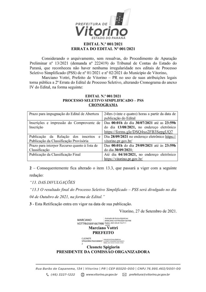 Prefeitura de Vitorino define novas datas para divulgação do resultado dos Processos Seletivos Simplificados nº 001/2021 e 002/2021 Prefeitura de Vitorino define novas datas para divulgação do resultado dos Processos Seletivos Simplificados nº 001/2021 e 002/2021