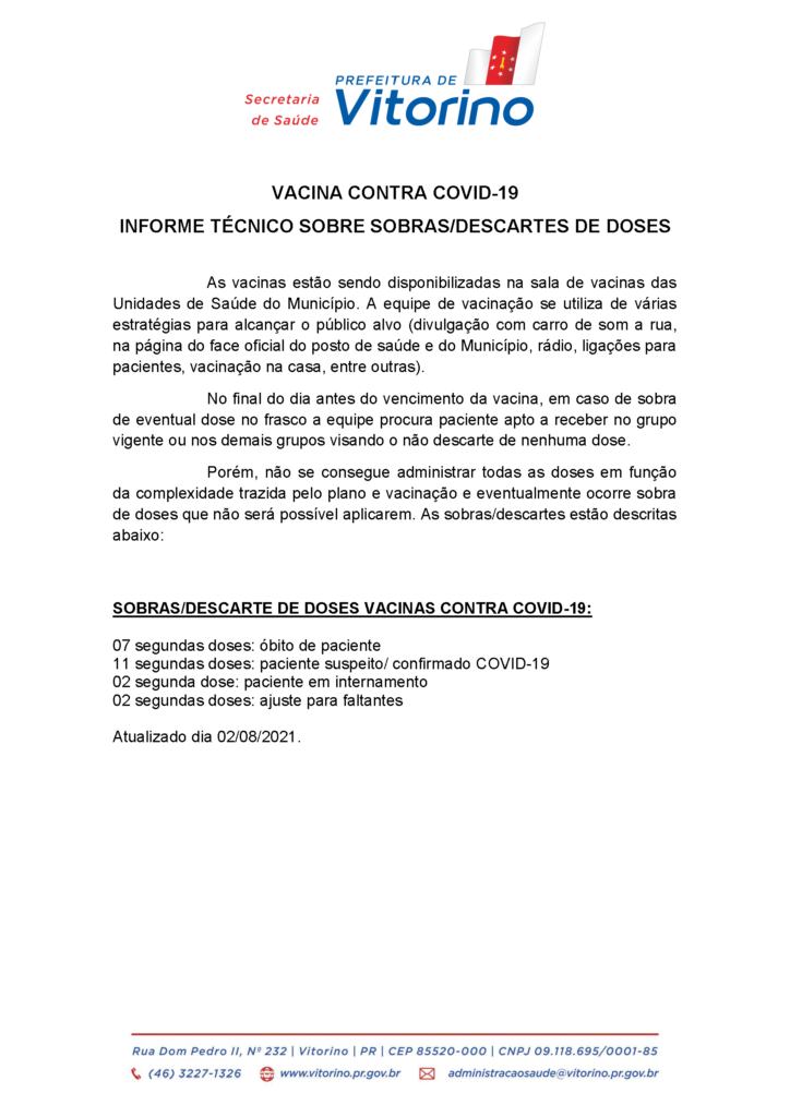 VACINA CONTRA COVID-19 INFORME TÉCNICO SOBRE SOBRAS/DESCARTES DE DOSES